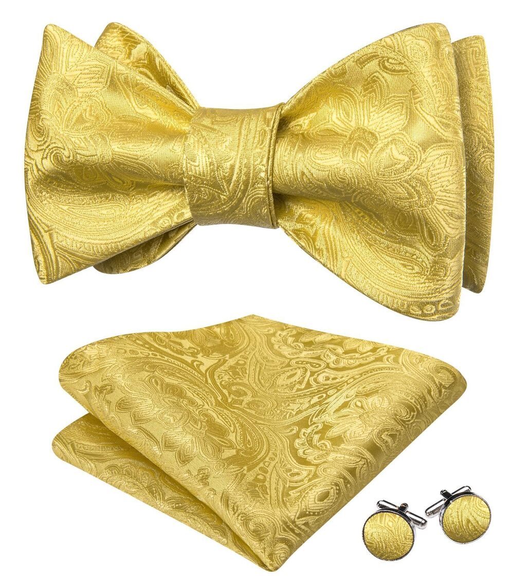 8359 Self Tie Bow Ties Gold Bow Tie and Pocket Square Cufflinks Set Paisley